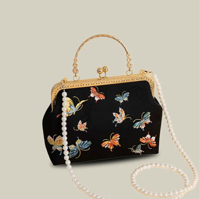 Butterfly Garden Embroidered Handbag with Vintage Metal Kiss-Lock
