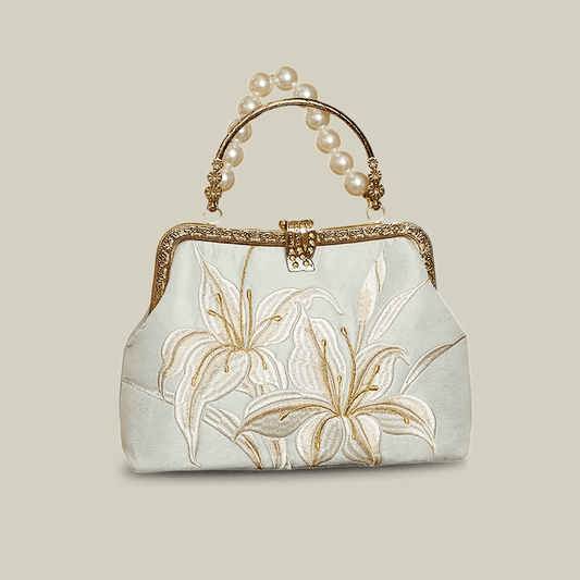 Lily Embroidered Pearl Handle Handbag with Metal Lock