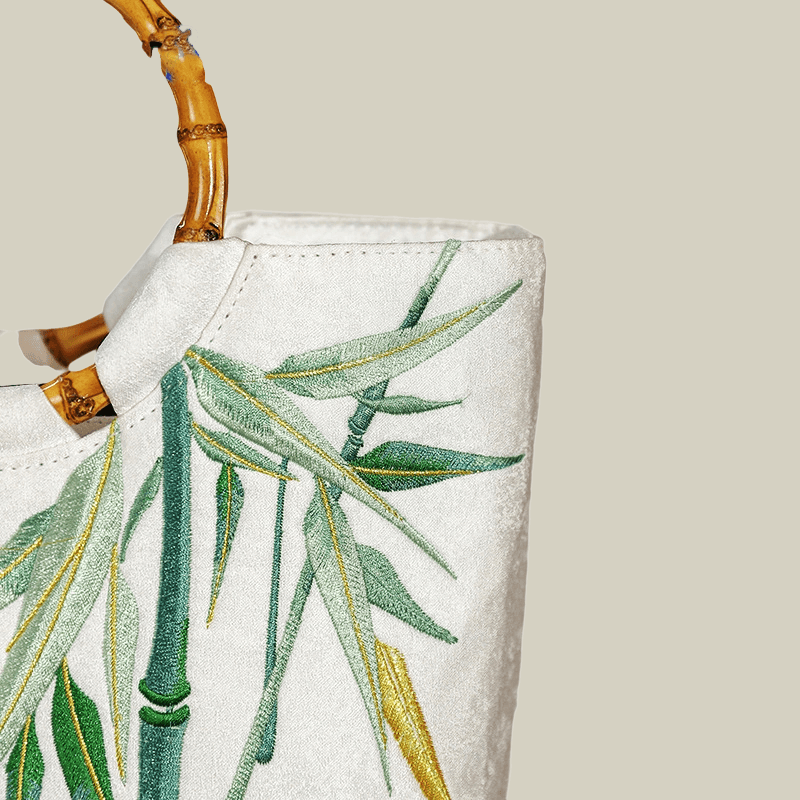Bamboo Embroidered White Tote Bag with Bamboo Handle