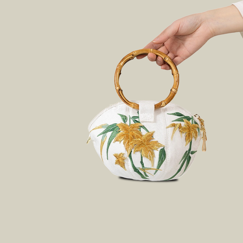 Maple Leaf Embroidered Shell Handbag with Bamboo Handle