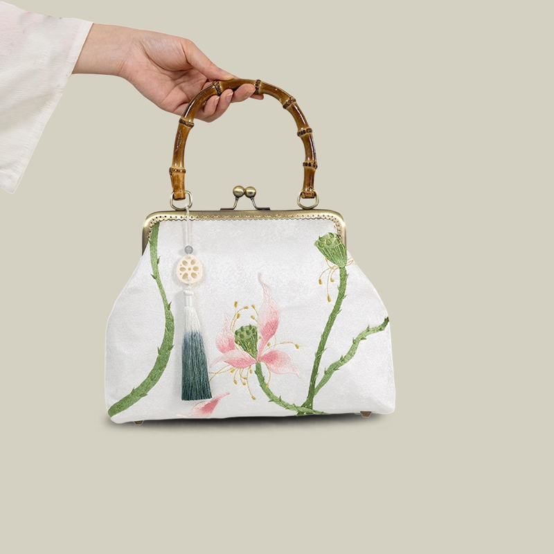 White Lotus Embroidered Handbag with Vintage Kiss Lock