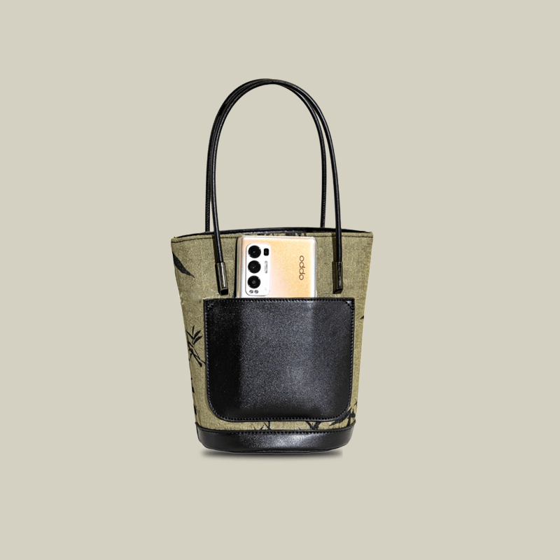 Ink Bamboo Printed Green Bucket Bag with Leather Strap