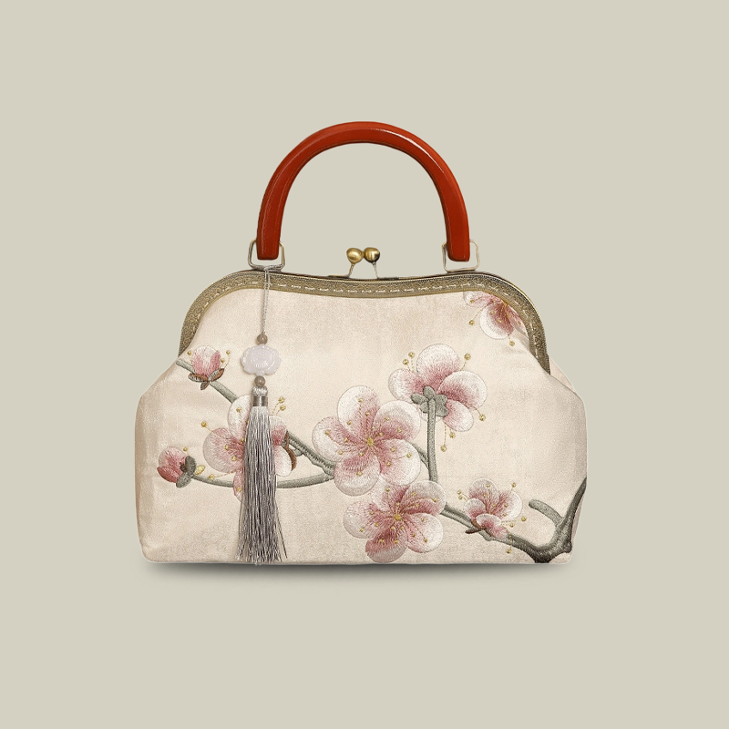 Plum Blossom Embroidered Kiss-Lock Handbag with Acrylic Handle