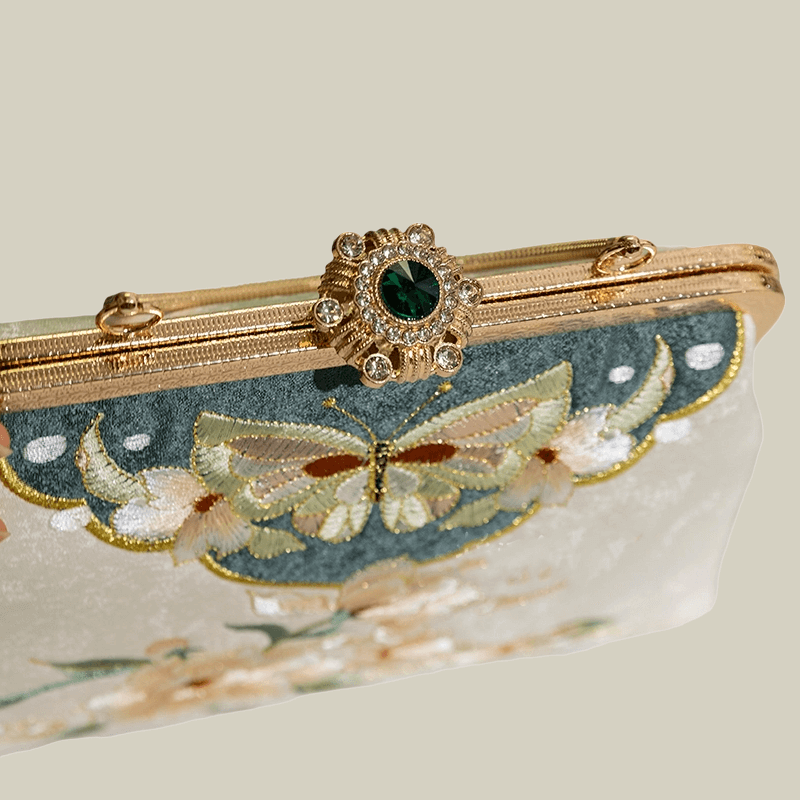 Butterfly Garden Embroidered White Handbag with Gem Lock