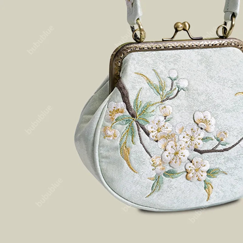 Vintage Pear Blossom Embroidered Shell Handbag with Kiss Lock
