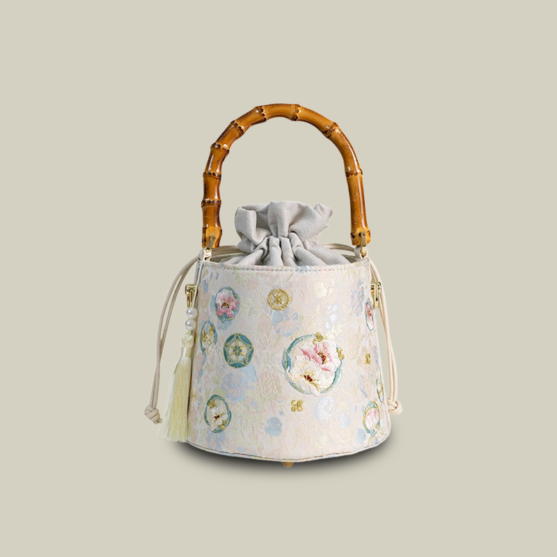 Floral Embroidered Satin Bucket Bag with Bamboo Handle