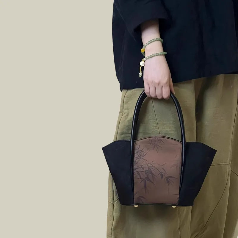 Bamboo Printed Black Colorblock Handbag