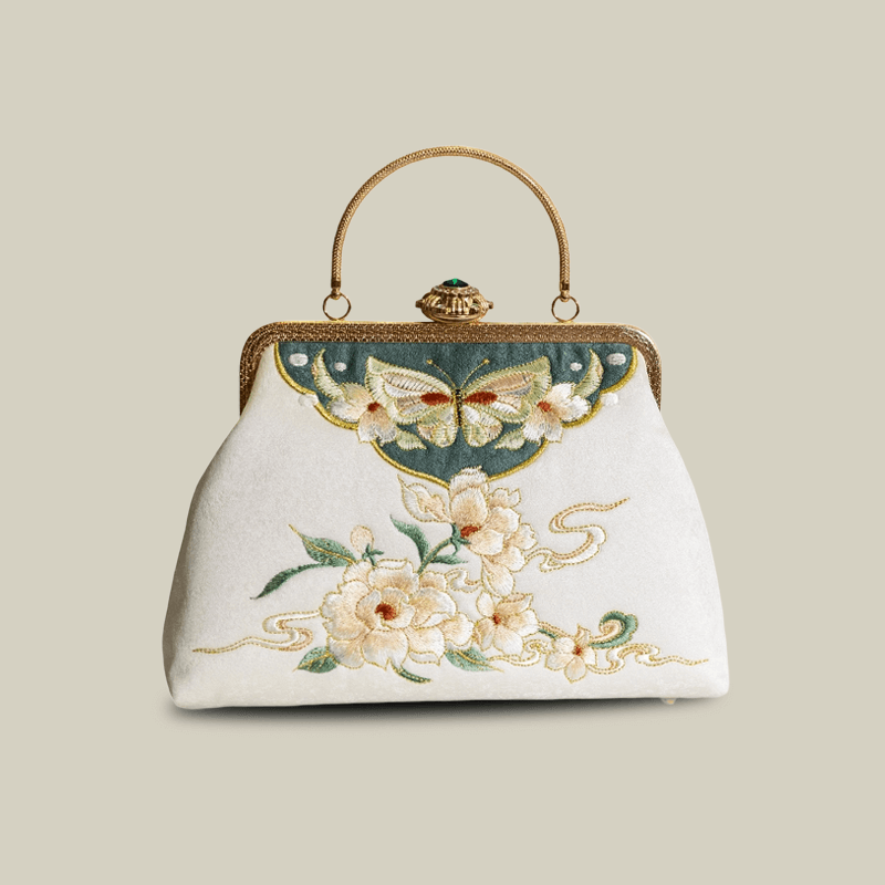 Butterfly Garden Embroidered White Handbag with Gem Lock