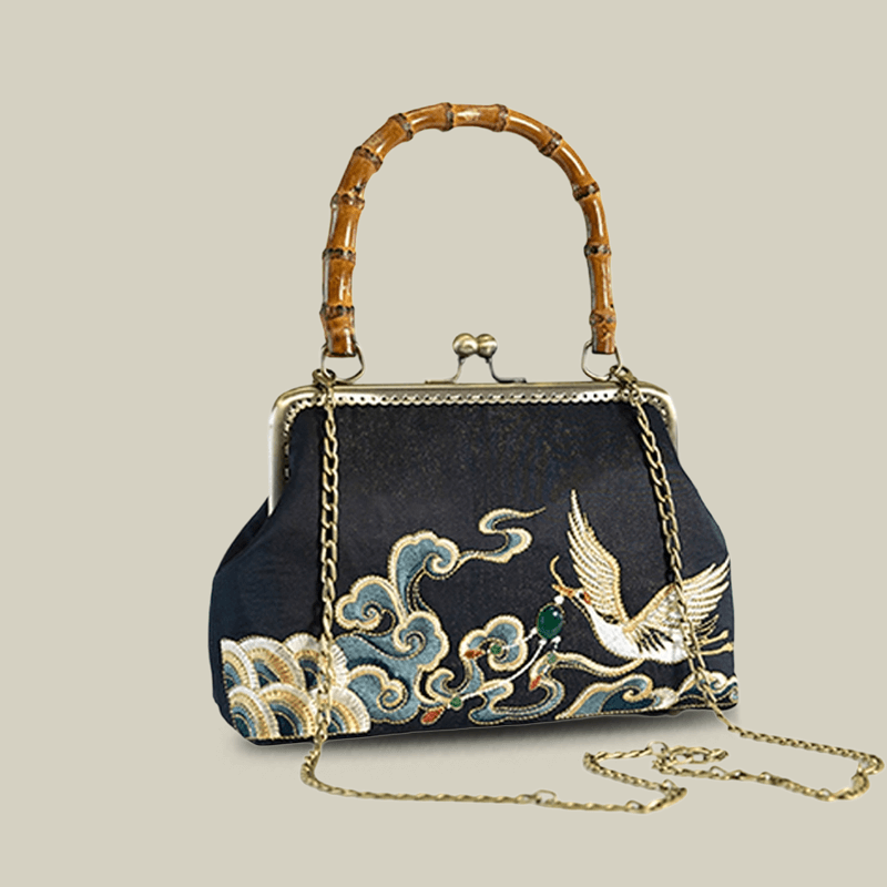 Embroidered Crane Handbag with Metal Kiss Lock