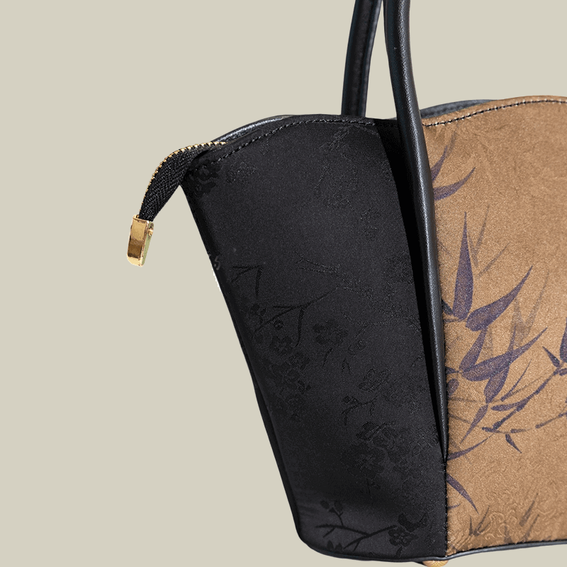 Bamboo Printed Black Colorblock Handbag