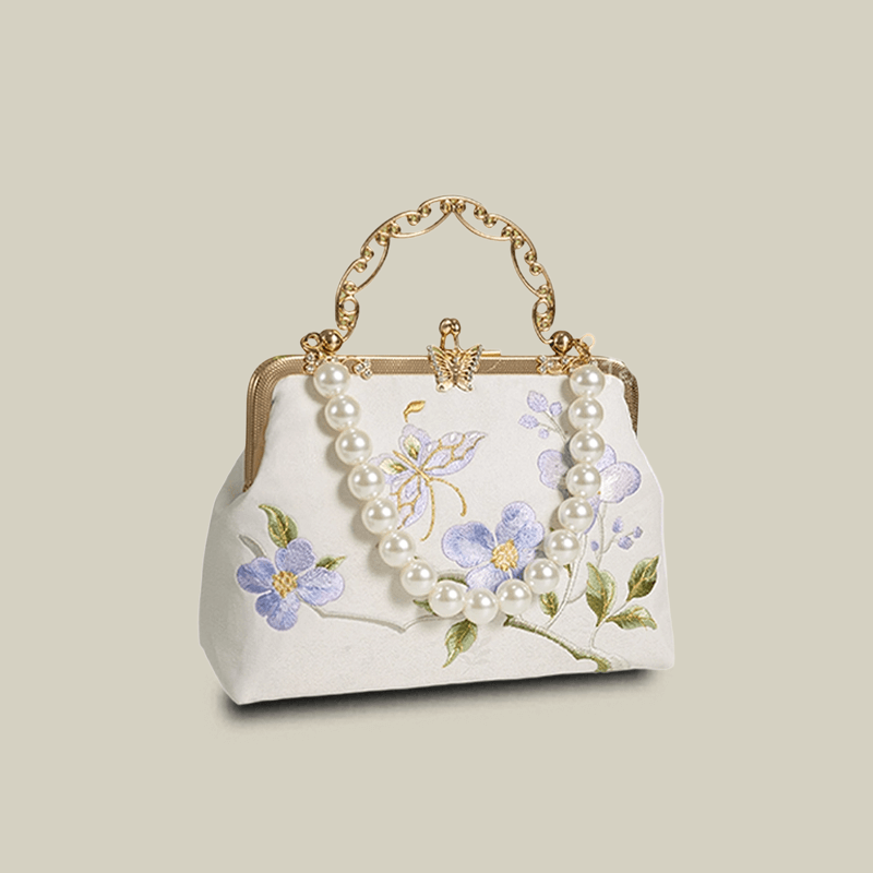 Butterfly Embroidered White Handbag with Metal Kiss-Lock