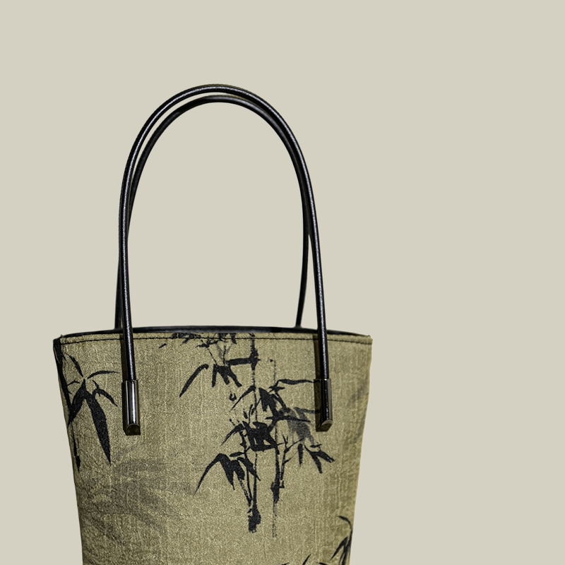 Ink Bamboo Printed Green Bucket Bag with Leather Strap