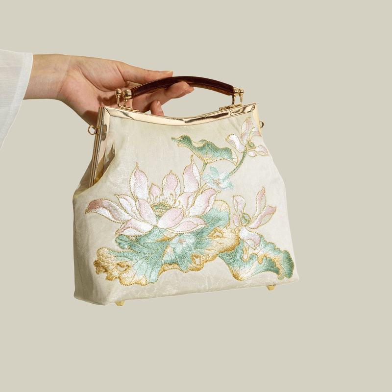 Embroidered Lotus Square Kiss-Lock Handbag with Acrylic Handle