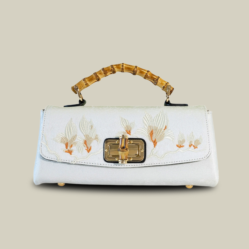 Magnolia Embroidered Boston Bag with Crossbody Chain