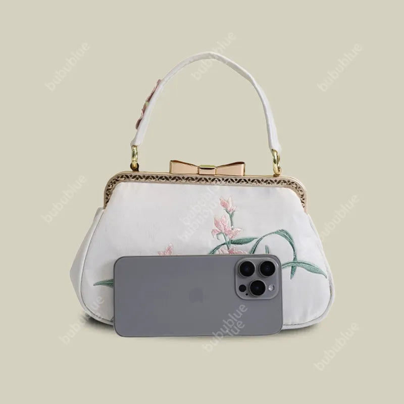 Vintage Orchid Embroidered Handbag with Metal Butterfly Lock