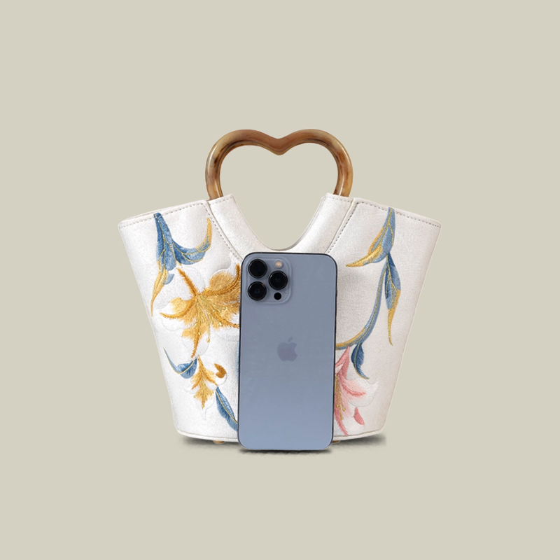 Lily Embroidered Tote Bag with Heart Handle