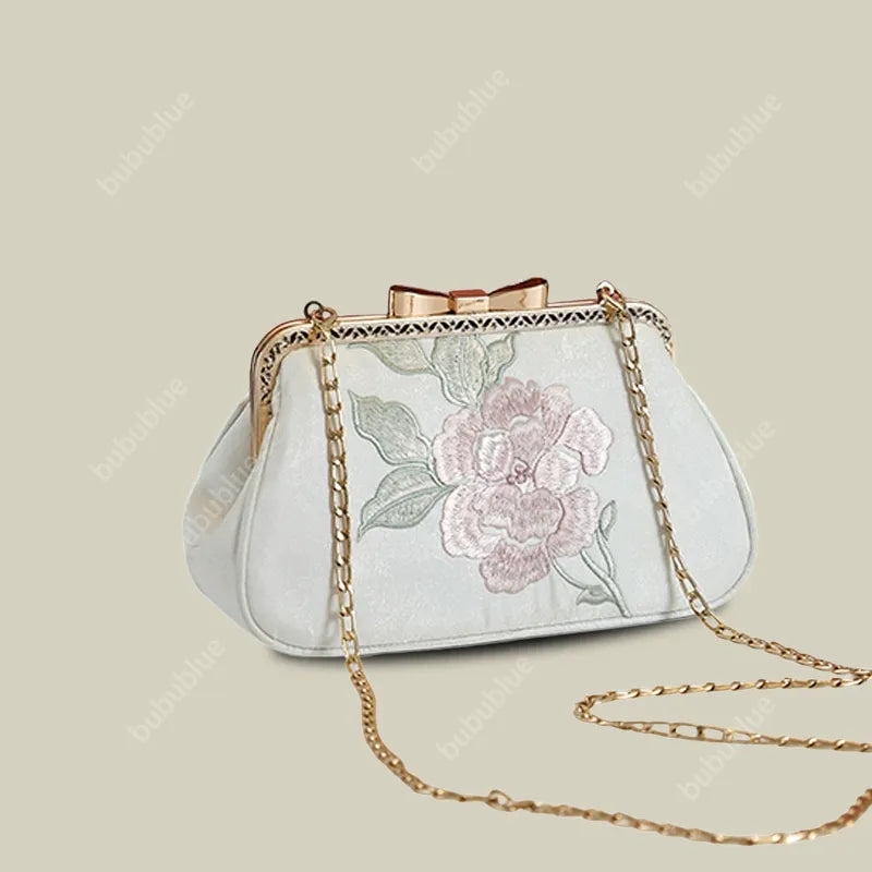 Vintage Begonia Embroidered Square Satin Handbag with Bow Lock