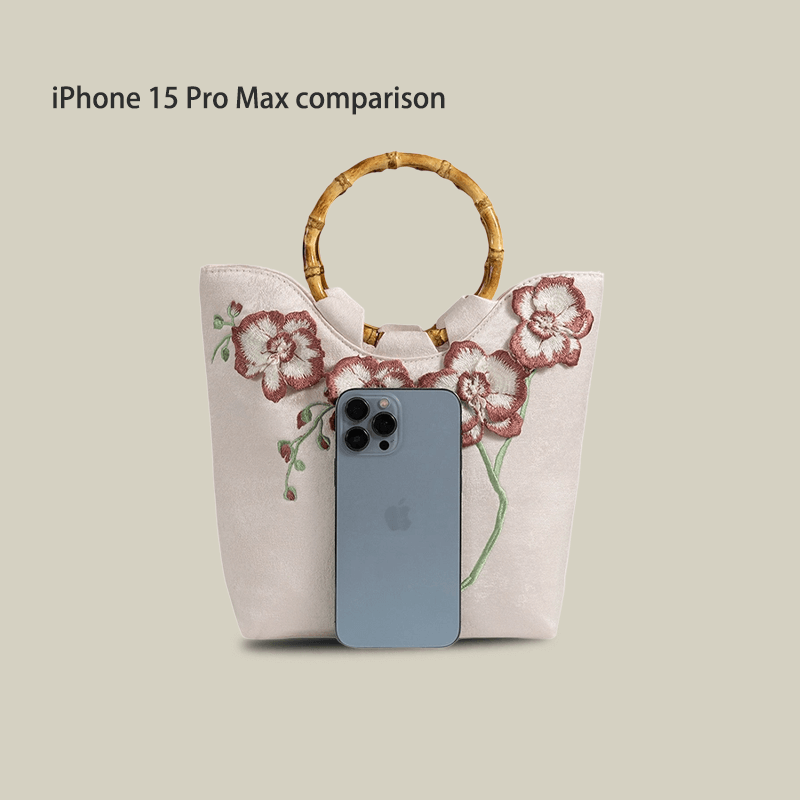 3D Embroidered Flowers & Bamboo Handle White Tote Bag