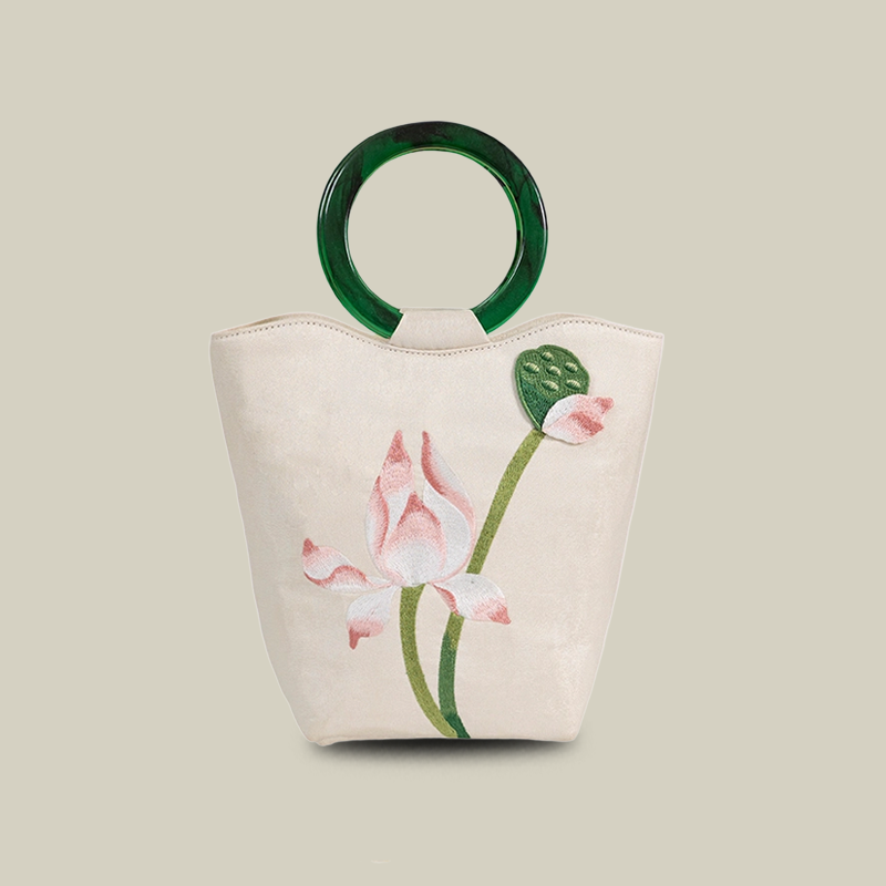 White Lotus Embroidered Tote Bag with Green Acrylic Handle