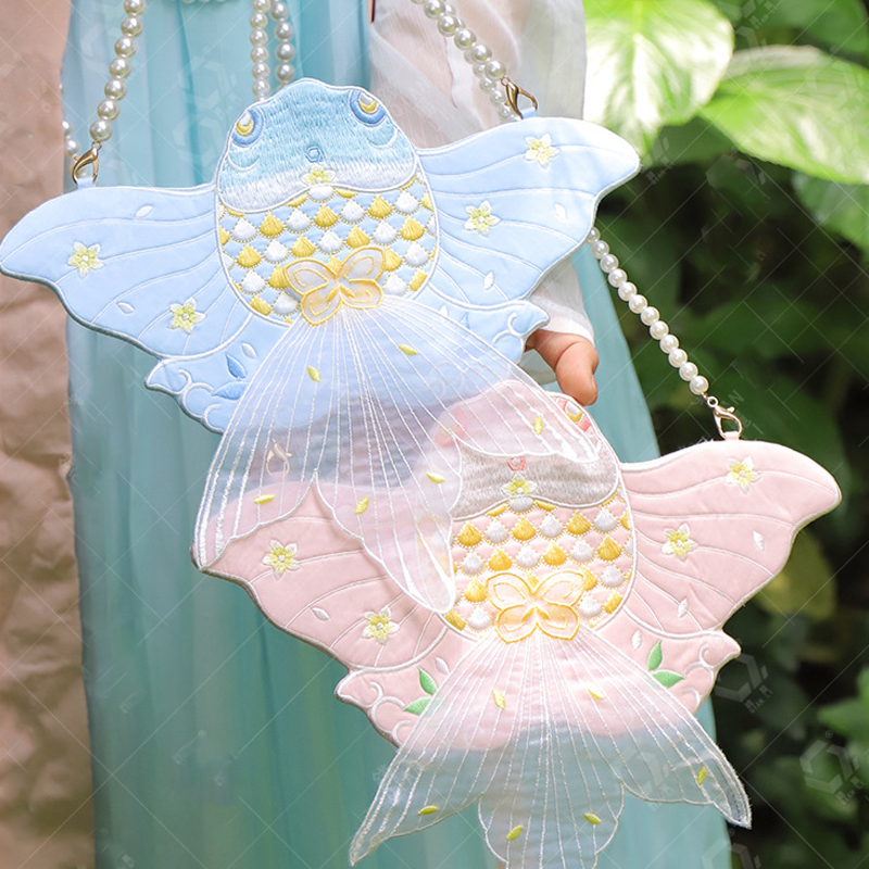 Goldfish Embroidered Crossbody Bag with Pearl Chain