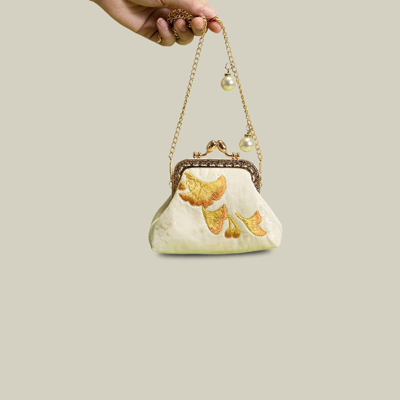 Ginkgo Embroidered Mini Kiss-Lock Purse with Pearl Chain