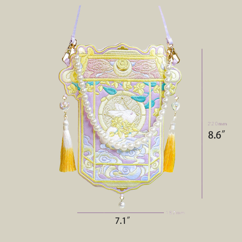Moon Rabbit Embroidered Crossbody Bag with Pearl Handle