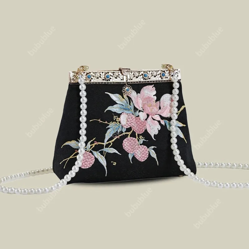 Vintage Lychee Embroidered Satin Handbag with Metal Beads