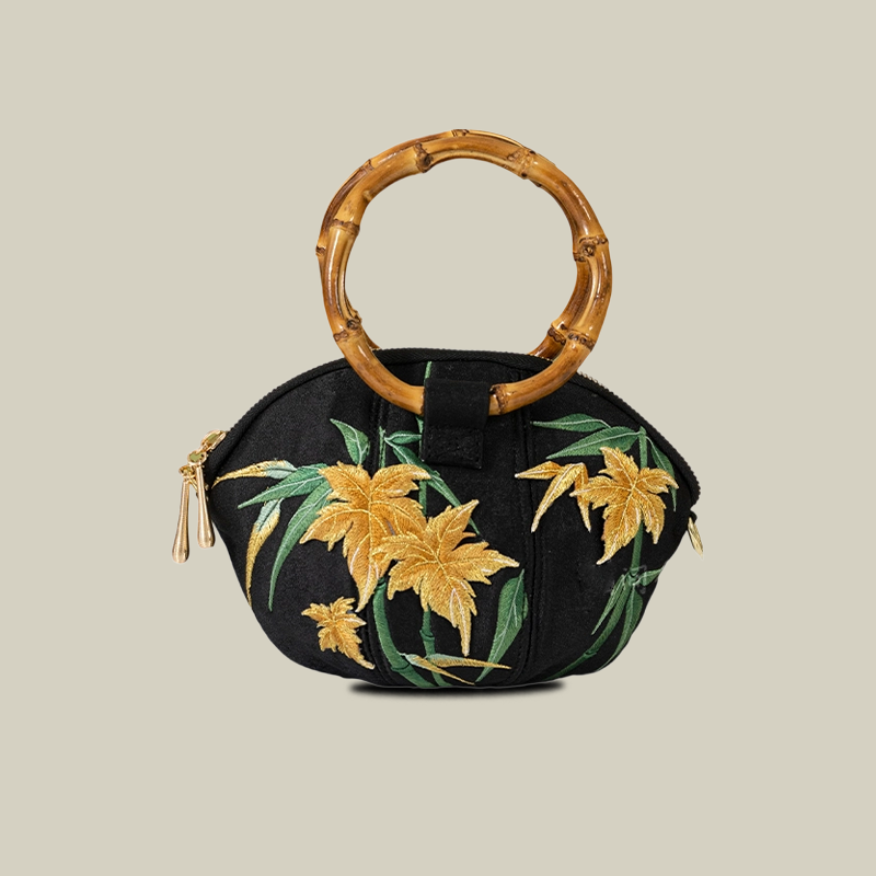 Maple Leaf Embroidered Shell Handbag with Bamboo Handle