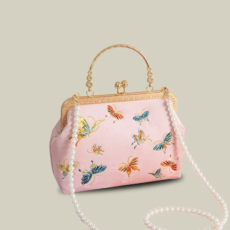 Butterfly Garden Embroidered Handbag with Vintage Metal Kiss-Lock