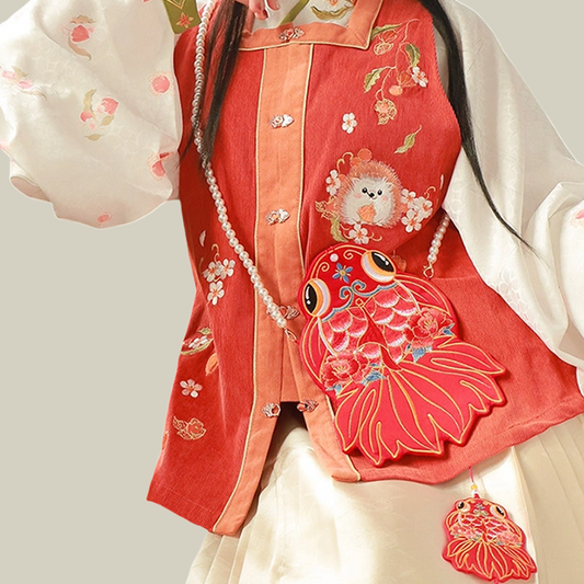 Lucky Koi Fish Embroidered Crossbody Bag with Pearl Chain