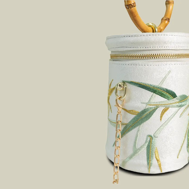 Vintage Bamboo Embroidered Bucket Bag with Bamboo Handle
