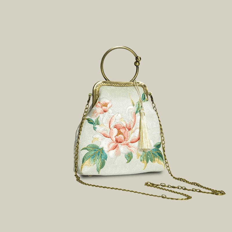 Peony Embroidered White Handbag with Metal Kiss-Lock
