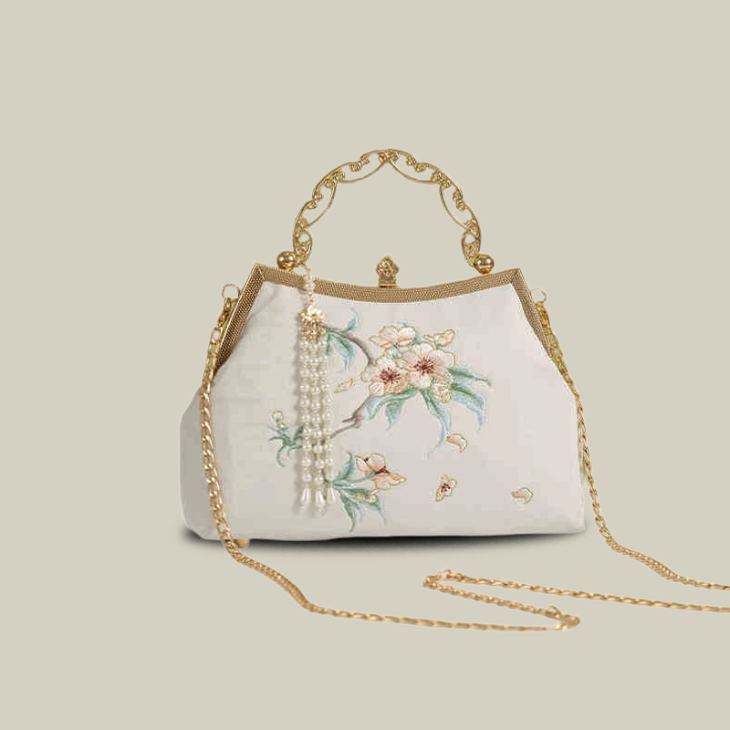 White Pear Blossom Embroidered Handbag with Pearl Tassel