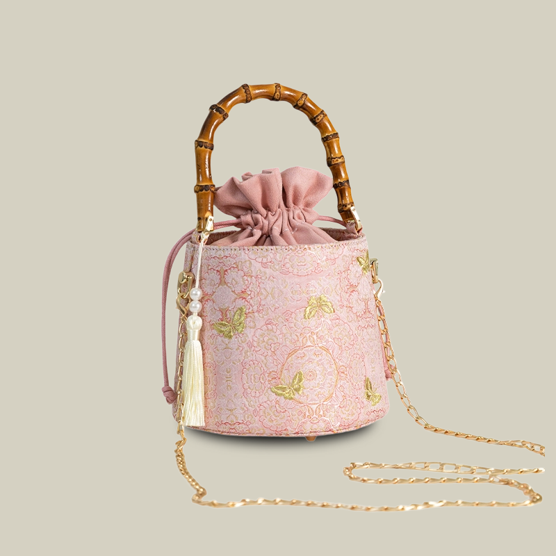 Golden Butterfly Embroidered Bucket Bag(Pink/Purple)