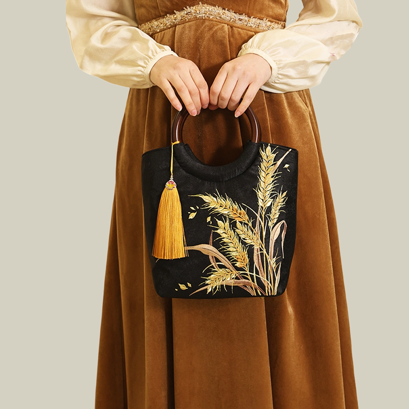 Golden Wheat Embroidered Tote Bag with Tassel