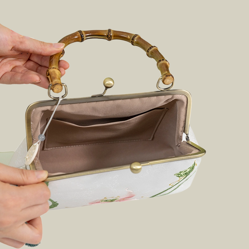 White Lotus Embroidered Handbag with Vintage Kiss Lock