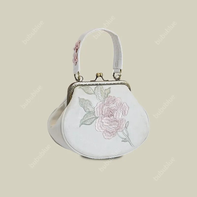 Vintage Begonia Embroidered Shell Satin Handbag with Pearl Chain