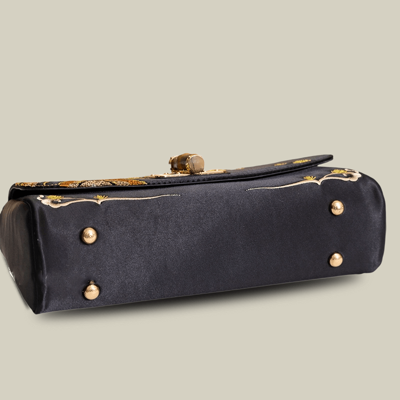 Mountain Pine Embroidered Boston Bag with Bamboo Handle