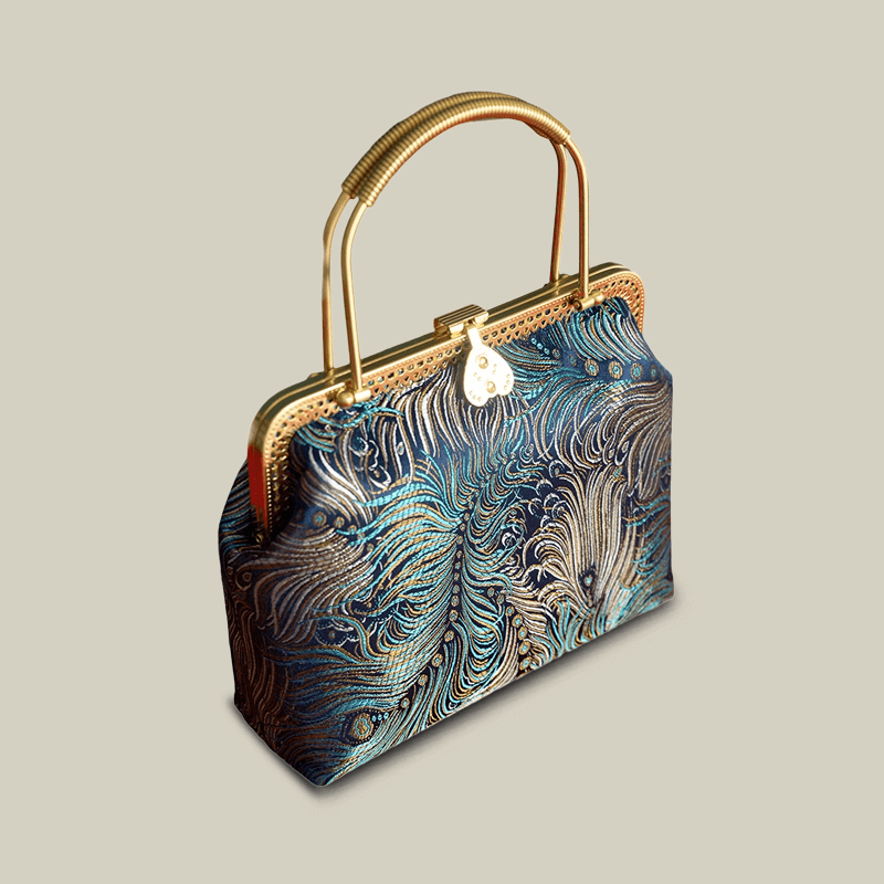 Peacock Blue Brocade Texture & Metal Handle Handbag