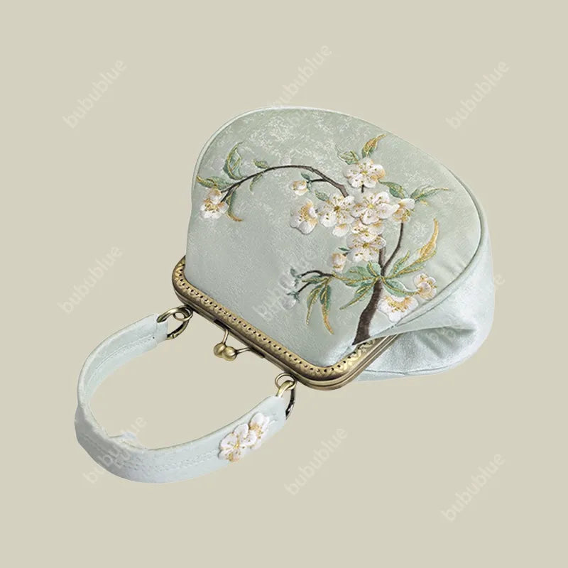 Vintage Pear Blossom Embroidered Shell Handbag with Kiss Lock