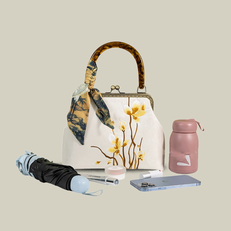 Floral Embroidered Kiss-Lock Handbag with Silk Scarf