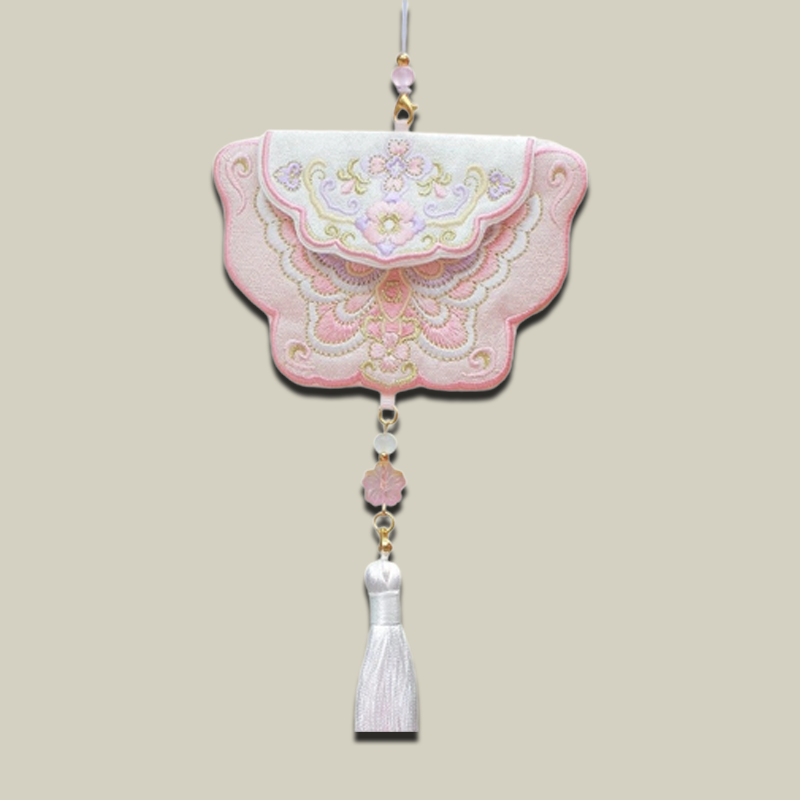 Handmade Butterfly Embroidered Sachet Pendant with Floral Tassel