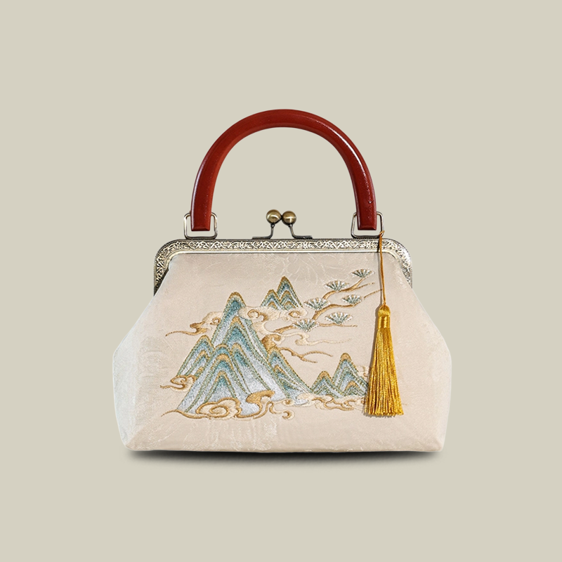 Mountain Mist Embroidered White Handbag with Vintage Metal Kiss-Lock