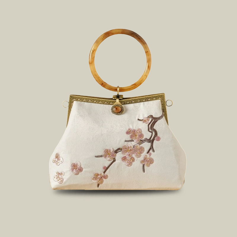 White Plum Blossom Embroidered Handbag with Acrylic Handle