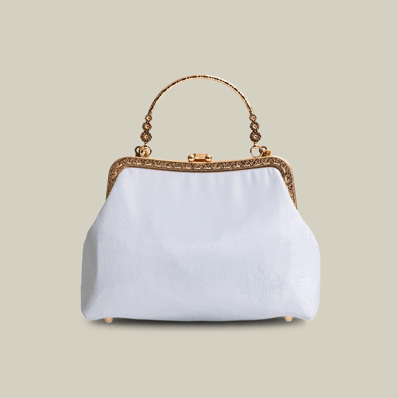 Orchid Embroidered Pearl Handle Handbag with Metal Lock