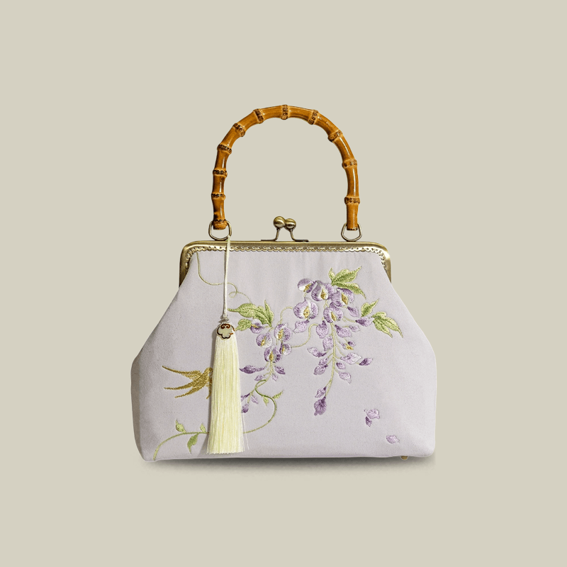 Swallow Embroidered Bamboo Handle Bag with Kiss-Lock