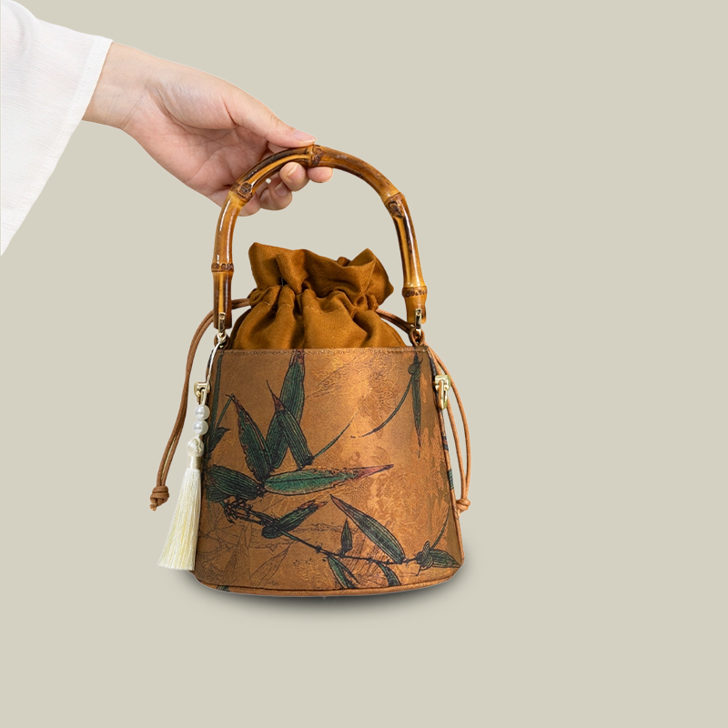 Floral Embroidered Satin Bucket Bag with Bamboo Handle