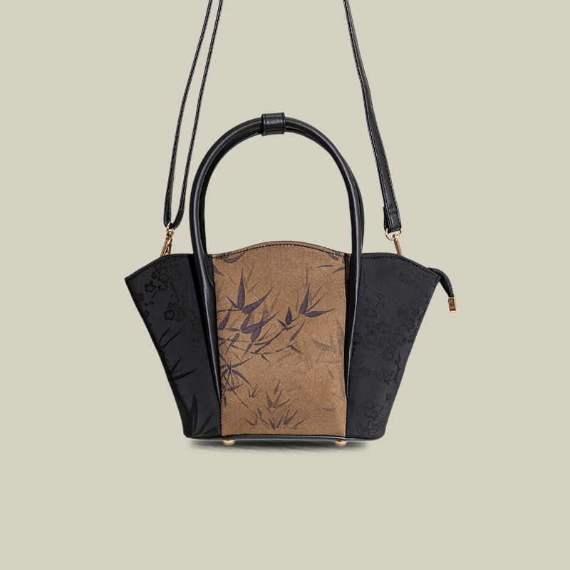 Bamboo Printed Black Colorblock Handbag