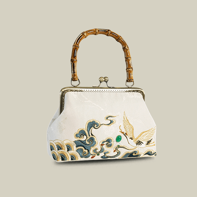Embroidered Crane Handbag with Metal Kiss Lock