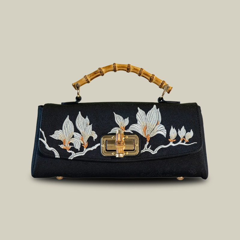Magnolia Embroidered Boston Bag with Crossbody Chain